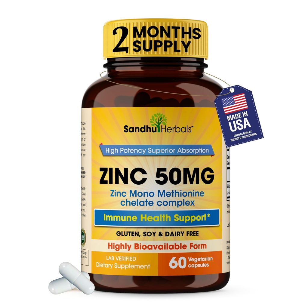 Sandhu Herbals Zink 50mg Supplement för Män & Kvinnor | Hög Absorption Zink Monomethionine Komplex 60 kapslar | Kosttillskott för immun, Acne & Antioxidant Support | Vegetarian