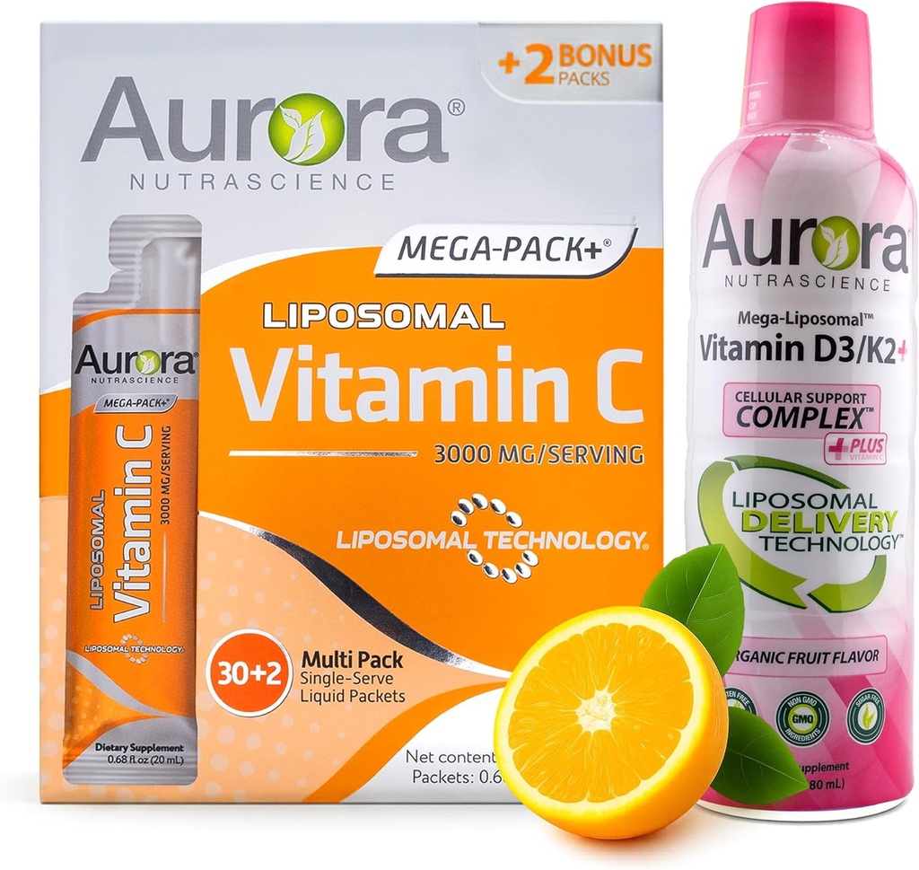 Aurora Nutrascience Mega Liposomal Vitamin C 32 Pack + Vitamin D3 / K2 flaska - Tillägg för immunstöd och kognitiv hälsa - 32 portioner