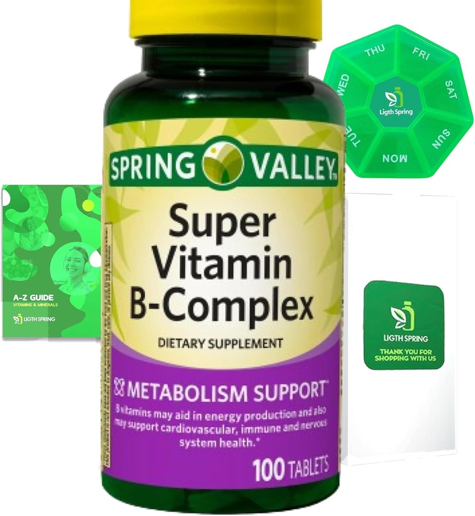 Super Vitamin B-Complex 100 tabletter Dietary Supplement Bundle Exclusive Better Ligth & Spring Guide + Weekly Pill Organisera (3 objekt)