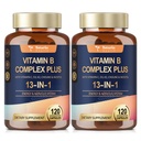 13-i-1 Vitamin B Complex Plus med vitamin B1, B2, B3 (Niacin), B4, B5, B6, B7 (Biotin), B8 (Inositol), B9 (Folat), B12, C, D3, K2 för energi, Nerve, Immune, Skin - 120 Caps per flaska - 2 flaskor
