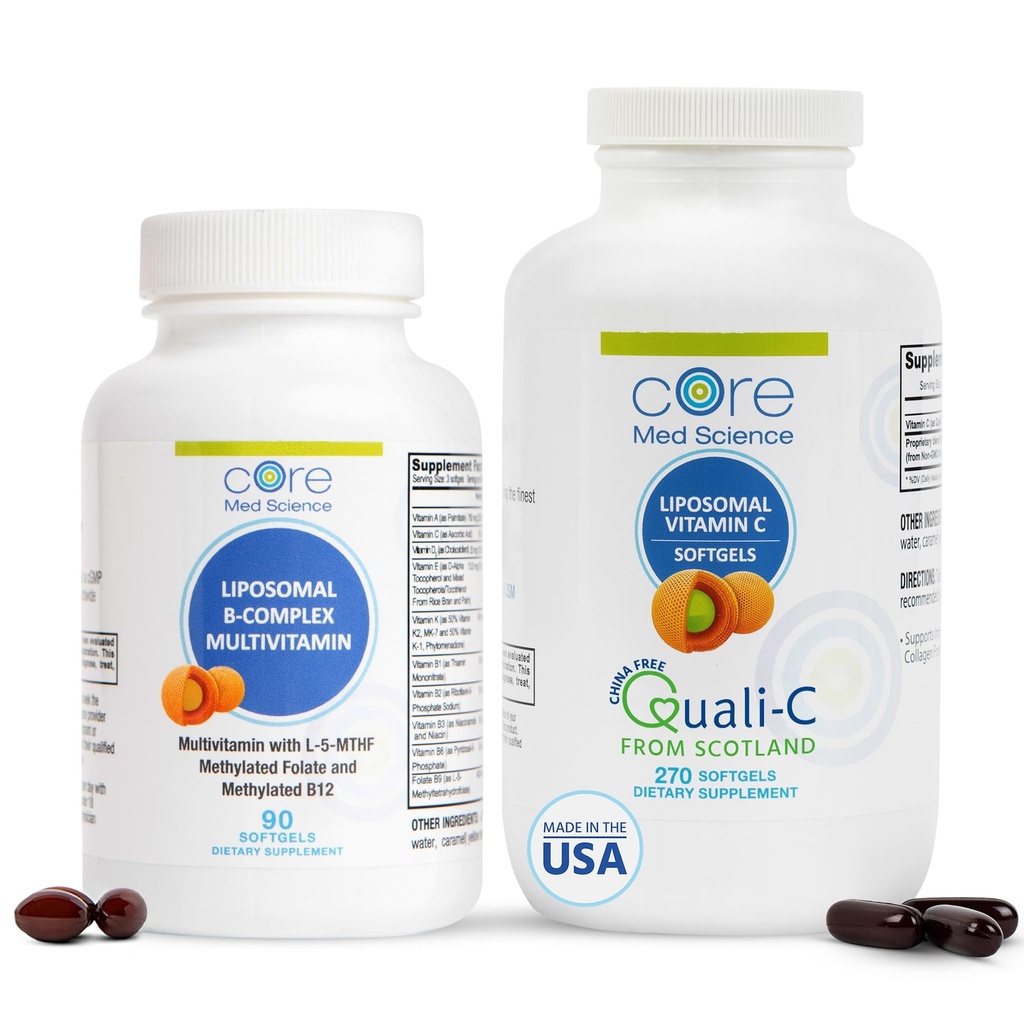 Core Med Science Liposomal Vitamin B-Complex & Vitamin C 1000mg Soft Gels Bundle for Heart Health & Immune System
