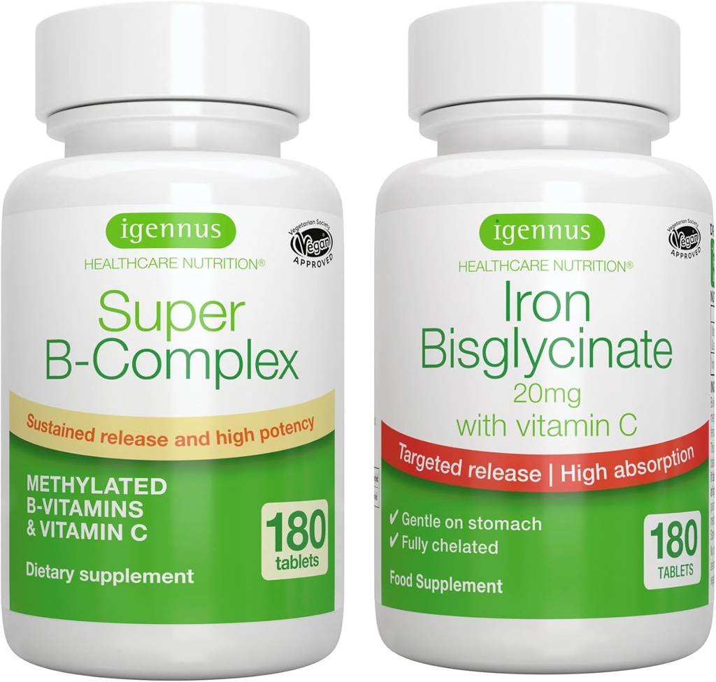 Super B-Complex & High Absorption Iron Bisglycinate 20mg med C-vitamin, Vegan Bundle, Methylated Sustained Release B Complex & Gentle One-a-Day Iron med målinriktad release, av Igennus