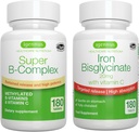 Super B-Complex & High Absorption Iron Bisglycinate 20mg med C-vitamin, Vegan Bundle, Methylated Sustained Release B Complex & Gentle One-a-Day Iron med målinriktad release, av Igennus