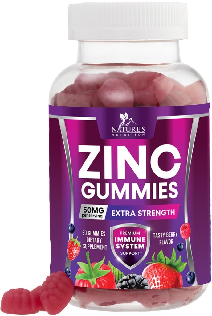 Zink Gummies 50mg - Bone Skin & Immune Support Health Gummy & Premium Antioxidant Chewable för vuxna - High Absorption Vegan, Gluten Free Zink Supplements Vitamin - Tasty Berry Flavor - 60 Gummies