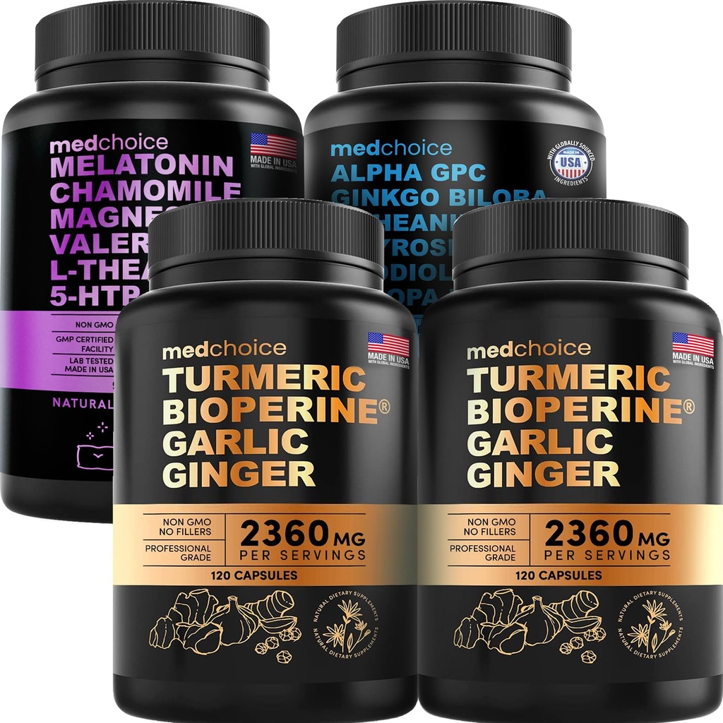 MEDCHOICE Turmeric & Ginger (240ct), Sleep Melatonin (90ct) och Nootropic Brain (60ct) Supplement Bundle - Wellness Trio för hjärna, sömn och immunstöd - Vegan, icke-GMO, Gluten-Free