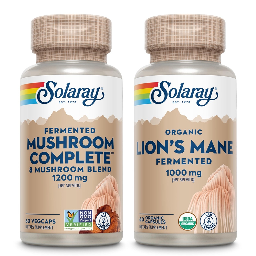 SOLARAY Mushroom Complete och Lions Mane Mushrooms Bundle - 8 Mushroom Supplement Plus Organic Lion's Mane - Fermenterad för förbättrad absorption och Whole Body Wellness, 60-dagars garanti, 60 VegCaps Ea.