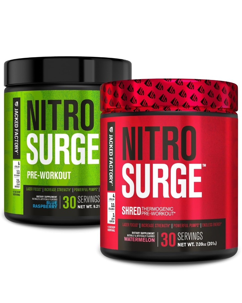 Jacked Factory Nitrosurge Pre-Workout i Blue Raspberry & Watermelon Nitrosurge Shred Thermogenic Pre-Workout för män och kvinnor