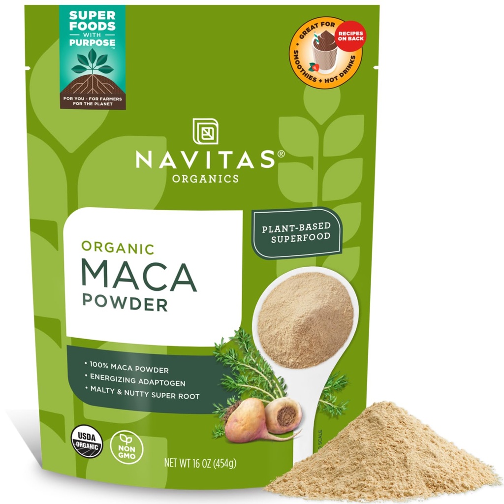 Navitas Organics Maca Powder - 100% Gelatinized Peruvian Maca för Smoothies, Lattes, Baking & More - Energize & Balance - USDA Organic, Non GMO, Vegan, Gluten Free (16oz. Bag, 180 portioner, 2-pack)