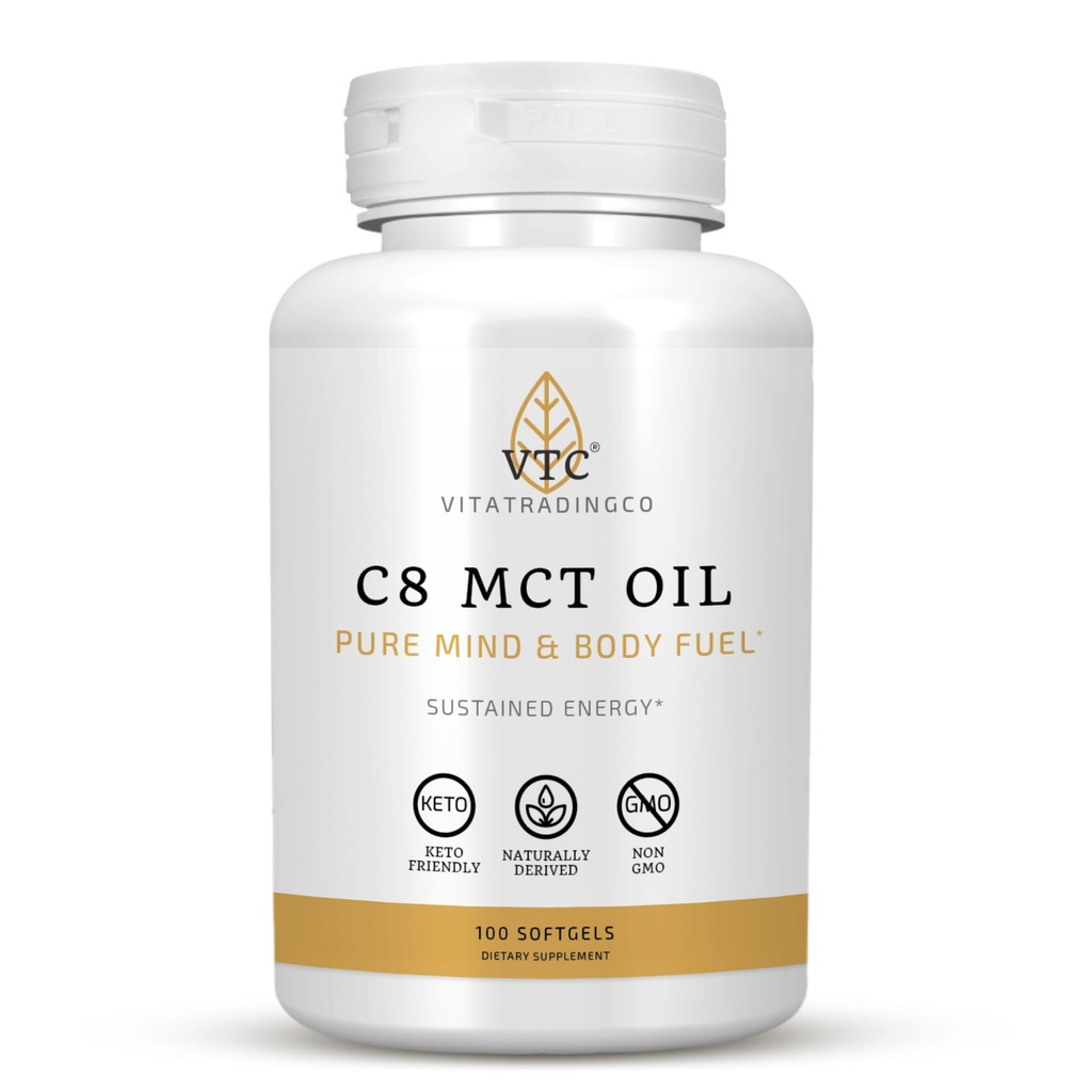 VTC VitaTradingCo. C8 MCT Oil Capsules | Naturligt härledda Caprylic C8 Supplement | Coconut Oil Pills | Sustained Energy | Keto Friendly, Non GMO | 100 Softgels