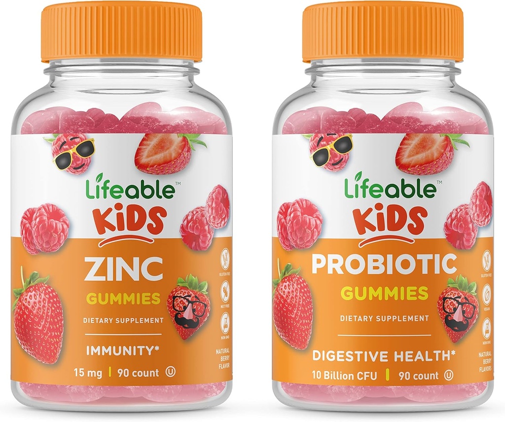 Livliga Zink Kids + Probiotika 5 miljarder barn, Gummies Bundle - Great Tasting, Vitamin Supplement, Gluten Free, GMO Free, Chewable Gummy