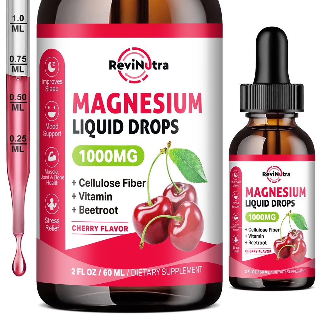Magnesium Glycinate Liquid Drops, 1000mg Magnesium Glycinate, Citrate & Taurate med Fiber, Beetroot, Vitamin B & C för sömn, lugn, muskel, energi och avkoppling, 2 Fl Oz, Sugar-Free Cherry Flavor