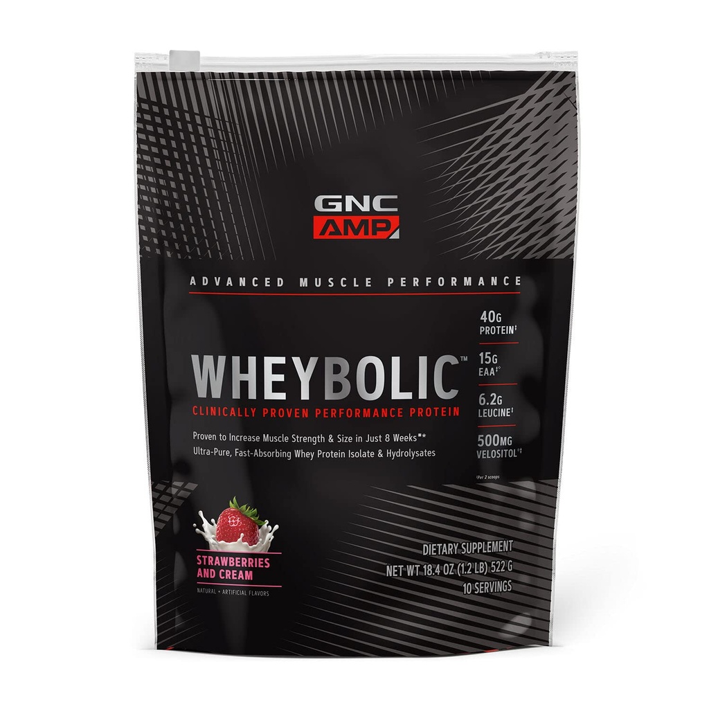 GNC AMP Wheybolic Clinically Proven Protein Powder, 40g Whey Protein, BCAA, Leucine, Ökar muskelstyrka, muskelbyggnad, 3rd Party Tested, Gluten Free, Strawberries och Cream, 10 Servings
