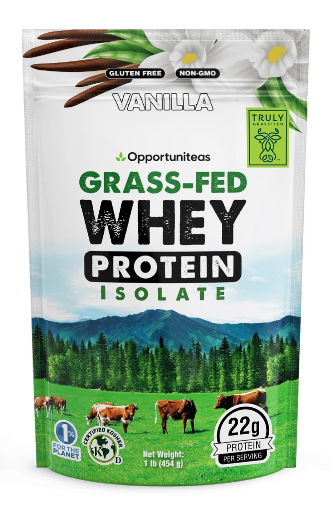 Opportuniteas Grass Fed Vanilla Whey Protein Isolate Powder - 22g Proteinpulver utan konstgjorda sötningsmedel, Hormon-Free Cows, Non GMO - 1lb
