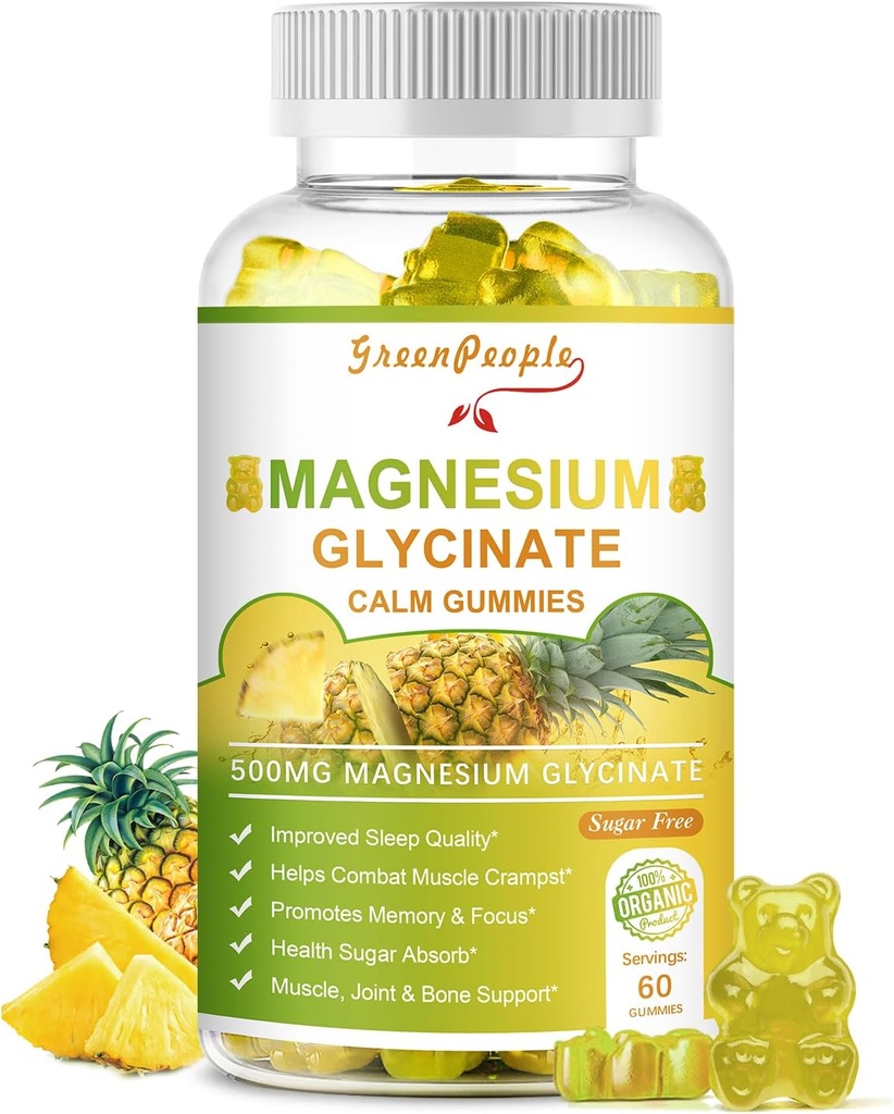 GREENPEOPLE Magnesium Glycinate Gummies med Citrate 1000mg, Taurate & Matale - Sugar Free - Magnesium Kalium Supplement med vitamin D, K2 för Calm Mood & Zzz Support - 60 Pineapple Gummies