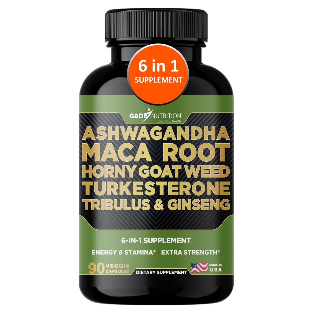 Gade Nutrition Ashwagandha med Maca Root, Horny Goat Weed, Turkesterone Supplement, Tribulus Terrestris, Panax Ginseng | 90 Vegetable Capsules for Energy, Stamina, Performance.