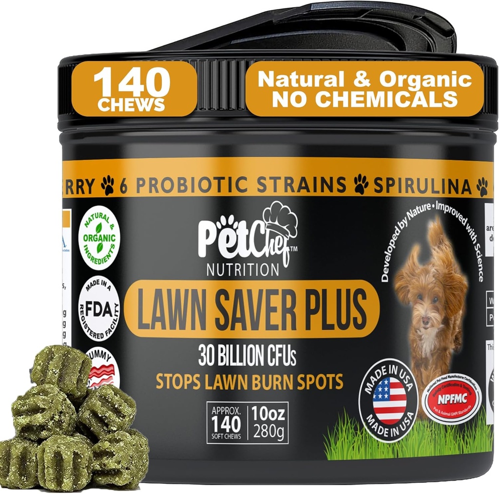 Pet Chef Lawn Saver, Soft Chew, Vegan Bacon! Canine Urine Yard Burn Stopper. Dog PH Urine Neutralizer. Builds Yards, Protects Plant Damage and Helps Grow Back Yards. Prevents Yard Pee Damage