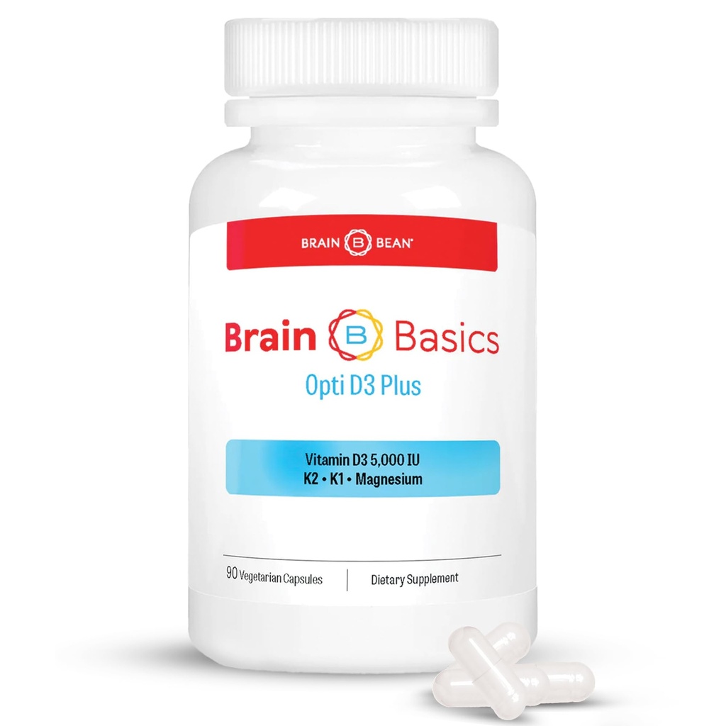 Brain Basic Opti D3 Plus - Vitamin D3 5000 IE med K1, K2 och Magnesium - Brain Support Supplement for Mood, Mind, Memory - Bone, Muscle och Immune Health - Gluten Free, Soy Free och Dairy Free