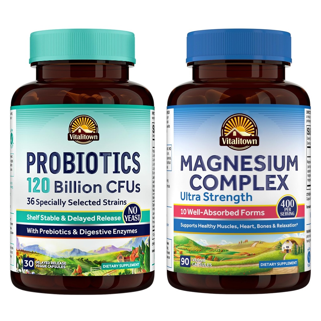 Vitalitown Probiotic + Magnesium Bundle (Pack of 2) | Probiotika 120 miljarder (post 1) & 6-i-1 Magnesium Complex (punkt 2) | Gut, Bone, Muscle, Sleep Health | Vegan | 30 kapslar & 120 kapslar