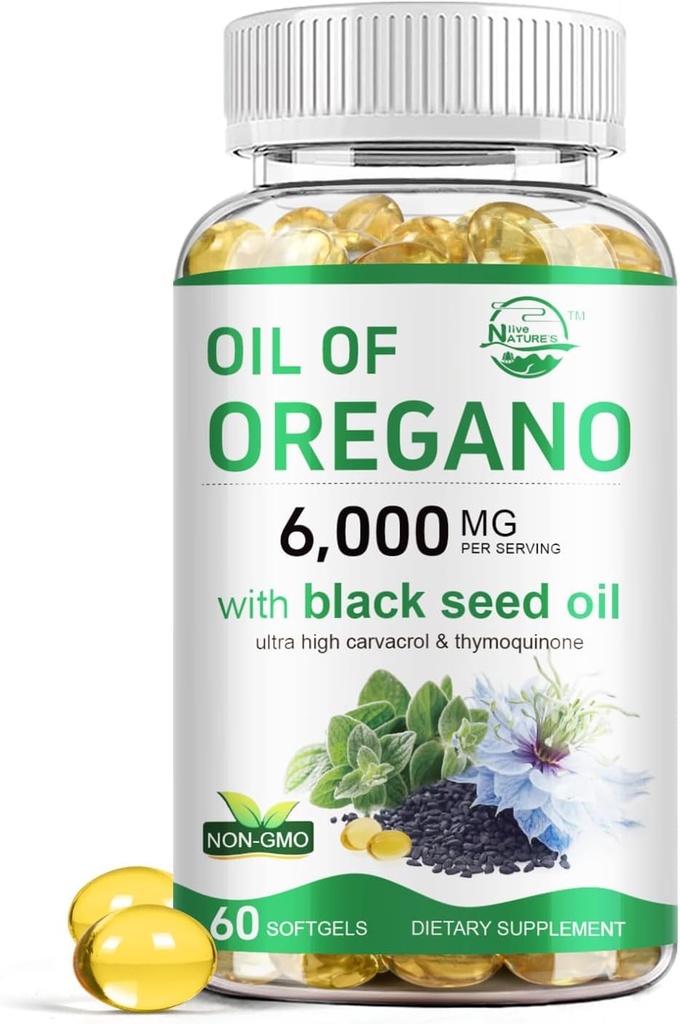 Nature's live Oil of Oregano with Black Seed Oil, 2 in 1 Oregano Supplement for Immune Health, Retains High Concentrated Carvacrol & Thymoquinone, Non-GMO, 60 Softgels, 1 Pack
