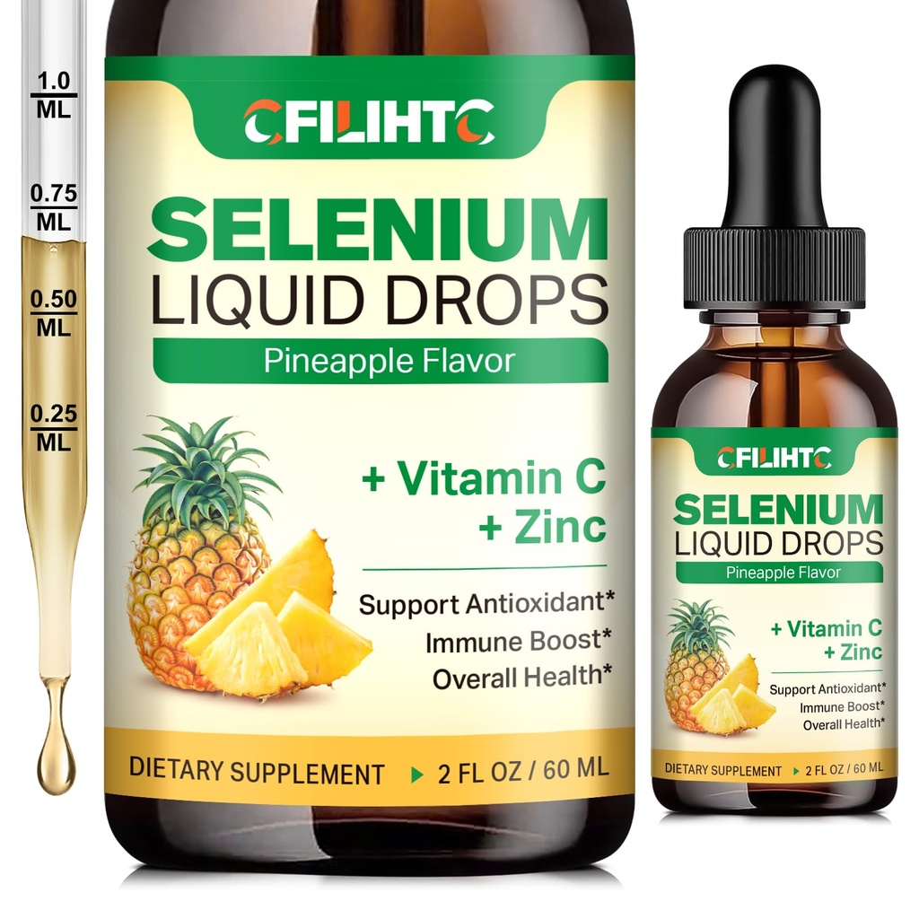 Selen flytande droppar, 200mcg Liquid Selen Supplement med vitamin C & Zink, Stöd för immunsystem, antioxidant och hjärthälsa, hög absorption, ananas smak, 2 Fl Oz