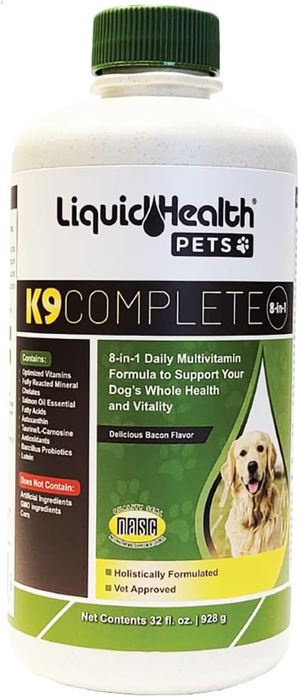 LIQUIDHEALTH Pets K9 Complete 8-in-1 Liquid Multivitamin för vuxna senior hundar och valpar, allt i en komplett formel Canine vitaminer för hud och rock, gemensam hälsa, immunstöd - USA Made (32 oz)