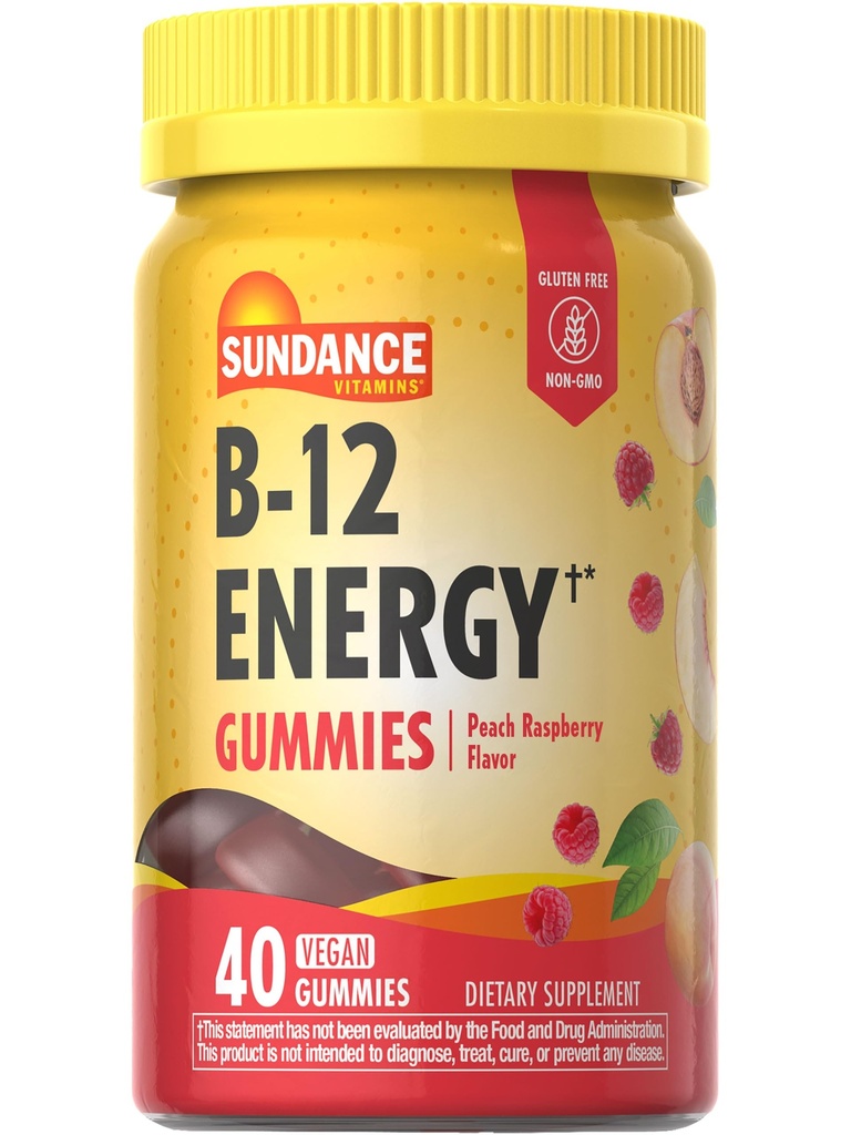 Sundance Vitamin B-12 Energy Gummies | 40 greve | Peach Raspberry Flavor | Vegan, icke-GMO och Gluten Free Supplement