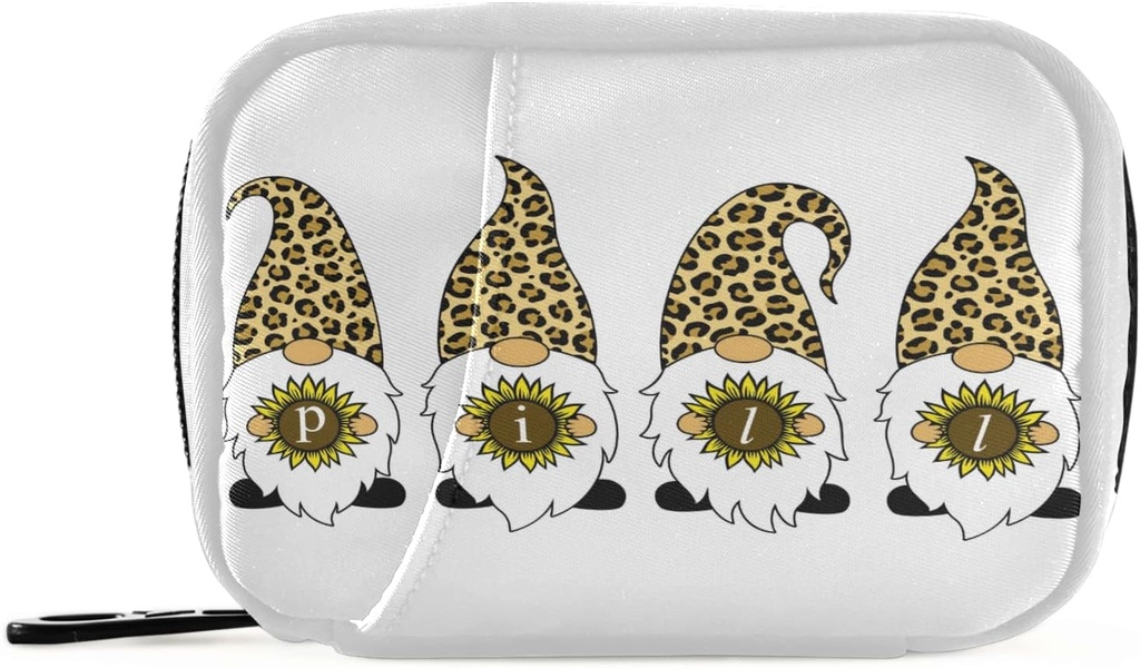 Leopard Gnomes Sunflower Pill Box 7 Day Pill Case Travel Pill Organizer Bag med Zipper Portable Weekly Case Compact Size för vitamin Supplement Holder