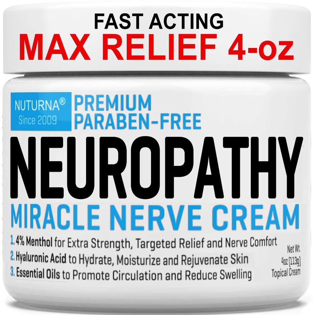 Neuropati Nerve Relief Cream - Premium Nerve Cream 3X Action för riktad lindring och lugnande nervkomfort - Maximal styrka med 4% Menthol Arnica MSM för fötterna händer ben och tillbaka - Stor 4 Oz