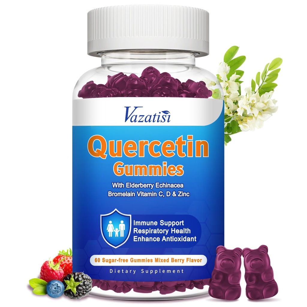 Quercetin med Bromelain Gummies, Quercetin 1200MG med vitamin C Zinc & Elderberry för Immune System & Allergy, Chewable & Vegan Gummies, 60 Cts