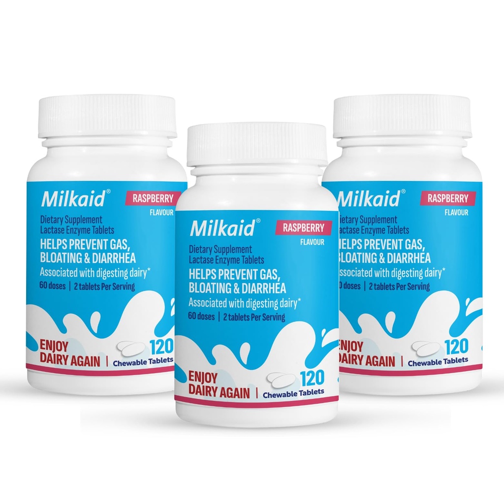 Milkaid Lactase Enzyme Chewable Tablets for Lactose Intolerance Relief | Förhindrar Gas, Bloating & Diarrhea | Fast Acting Dairy Digestive Supplement (360 tabletter, Raspberry)