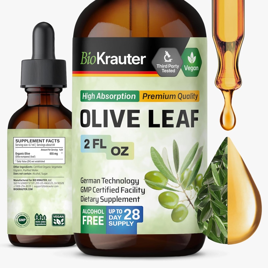 BIO KRAUTER Olive Leaf Extract Liquid - Olive Leaf Tincture för immunstöd - Alkohol och sockerfri - Vegan Drops 2 Fl.Oz.