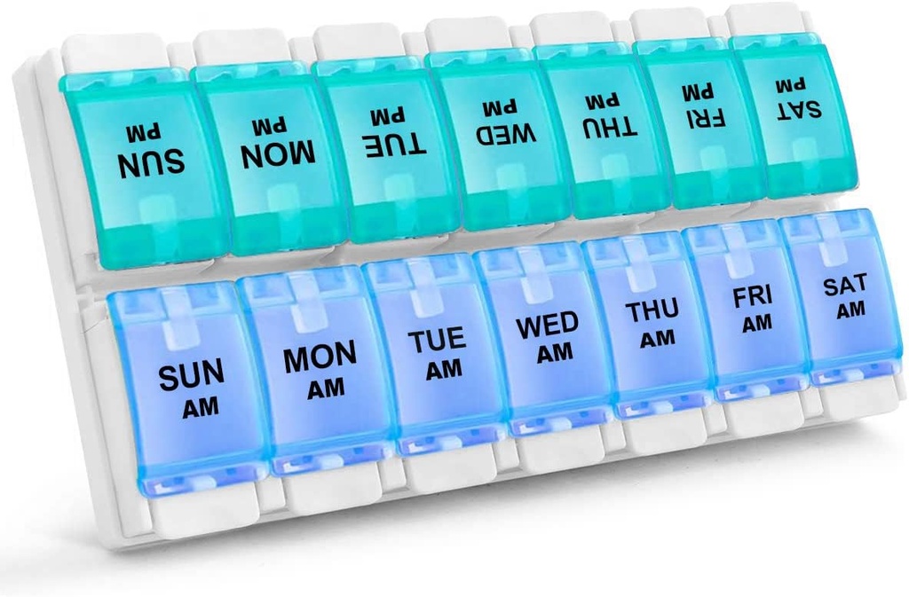 Sukuos AM PM Weekly 7 Day Pill Organizer, 2 Times A Day Pill Box med artrit Friendly Push Button, Medicine Cases för vitamin / fiskolja / tillägg, lätt att rengöra (Cyan & Blue)