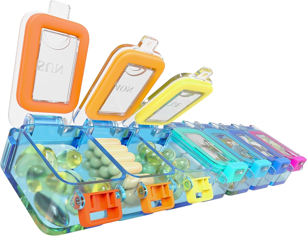 BEXEEN Weekly Medicine Pill Organizer Waterproof 7 Day Large Pill Box Daily Pill Case Cute Vitamin Organizer Portable Pill Container Travel Pills Holder XL Supplement Medication Dispenser En dag