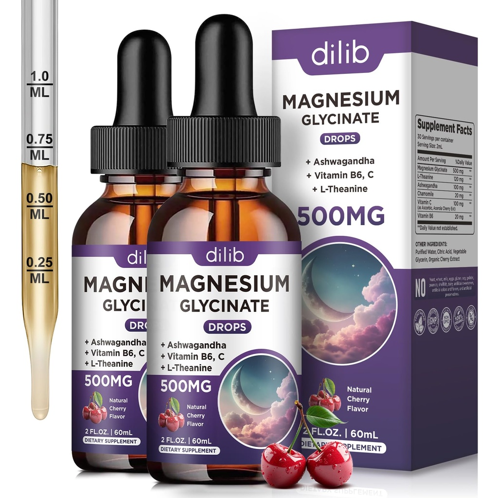 (2 Pack) Magnesium Glycinate Liquid Drops 500mg, med vitamin B6, Ashwagandha, L - Theanine, Chamomile, Magnesium Glycinate Supplement High Absorption för sömn, stress, energi humör - Cherry Flavor