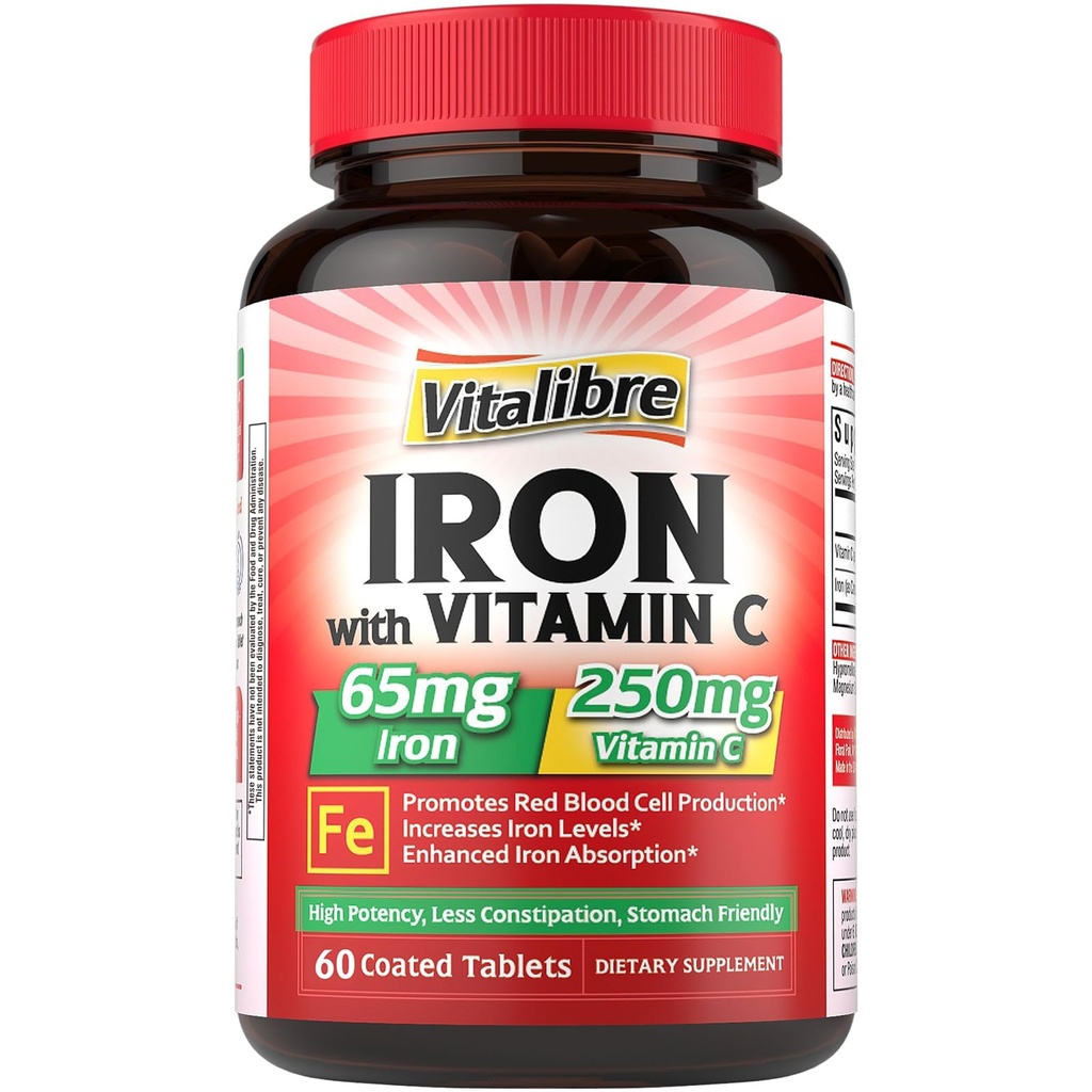 Järntillskott, 65mg Carbonyl Järn med 250mg Vitamin C, mage vänliga järnpiller för blodbyggande kvinnor och män, hög absorption, ingen illamående, ingen förstoppning, icke-GMO, ingen gluten, 60 Vegan flikar