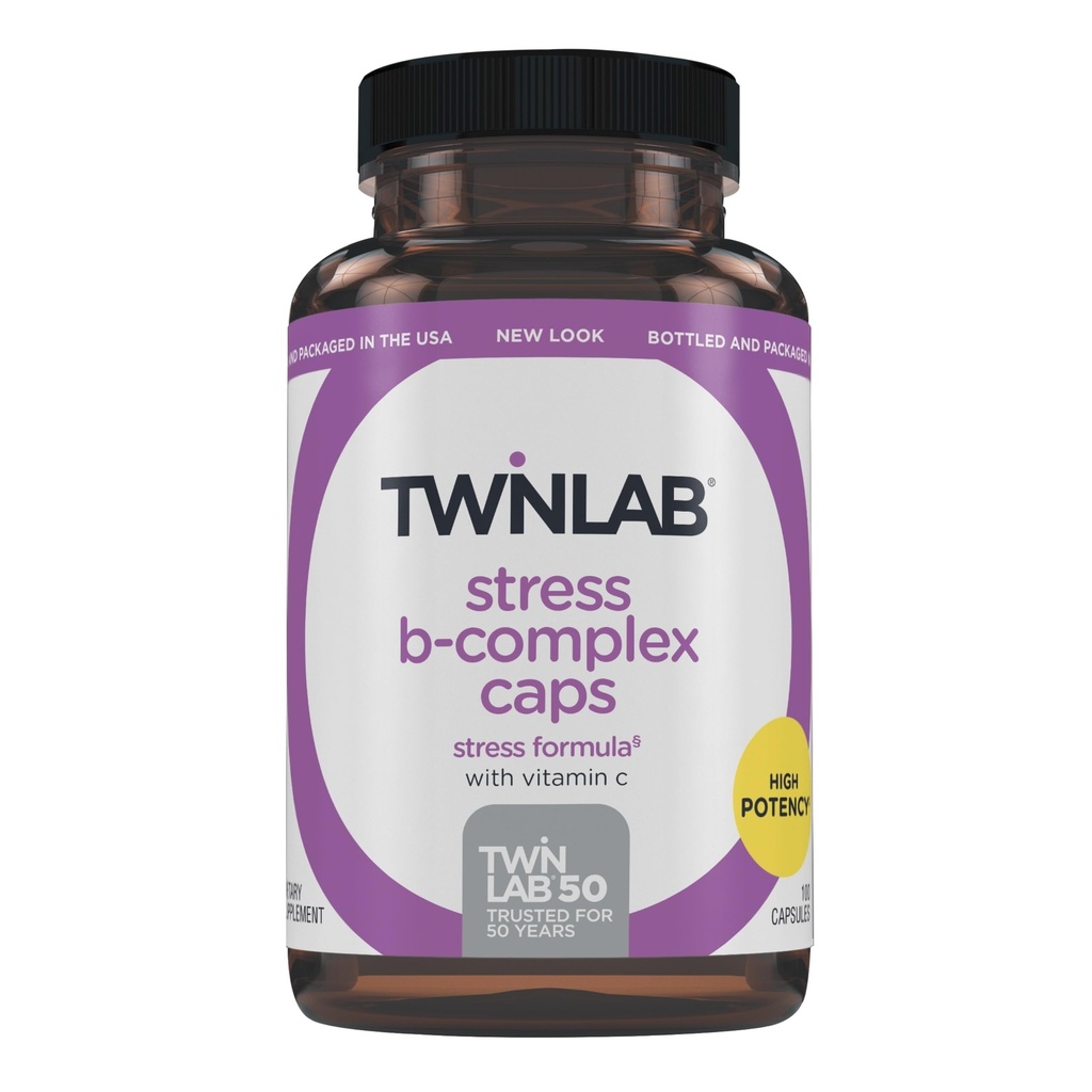 Twinlab Stress B-Complex Caps - Komplett B-Complex & 1000 mg Vitamin C - Energistödstillägg med vitamin B12 och B6-100 kapslar