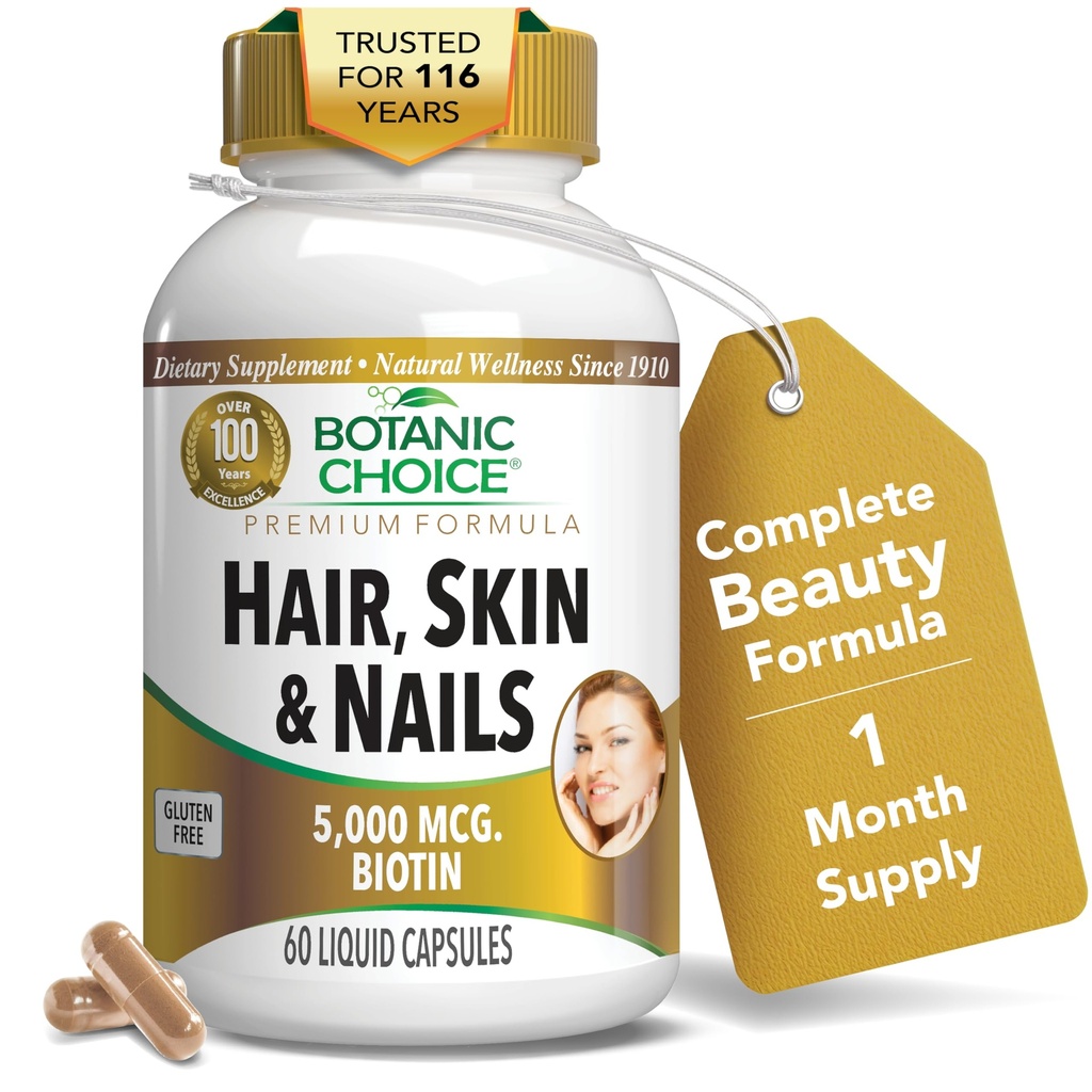 Botanic Choice Hair Skin och Nails Vitamins - Biotin Supplement med Collagen, Vitamin C, & Iron - Super Antioxidant Blend med Argan Oil & Hyaluronic Acid - 60 flytande kapslar