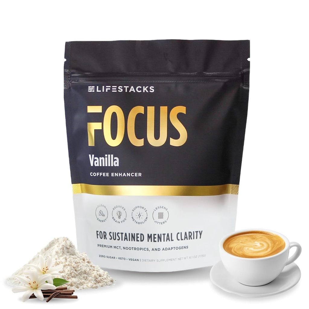 Fokus Coffee Creamer för energi & Clarity - MCT Powder + Nootropics + Adaptogens - Boost Productivity Without Jitters or Crash - Keto, Vegan, 0 Sugar - med Taurin, L-Tyrosine, Rhodiola