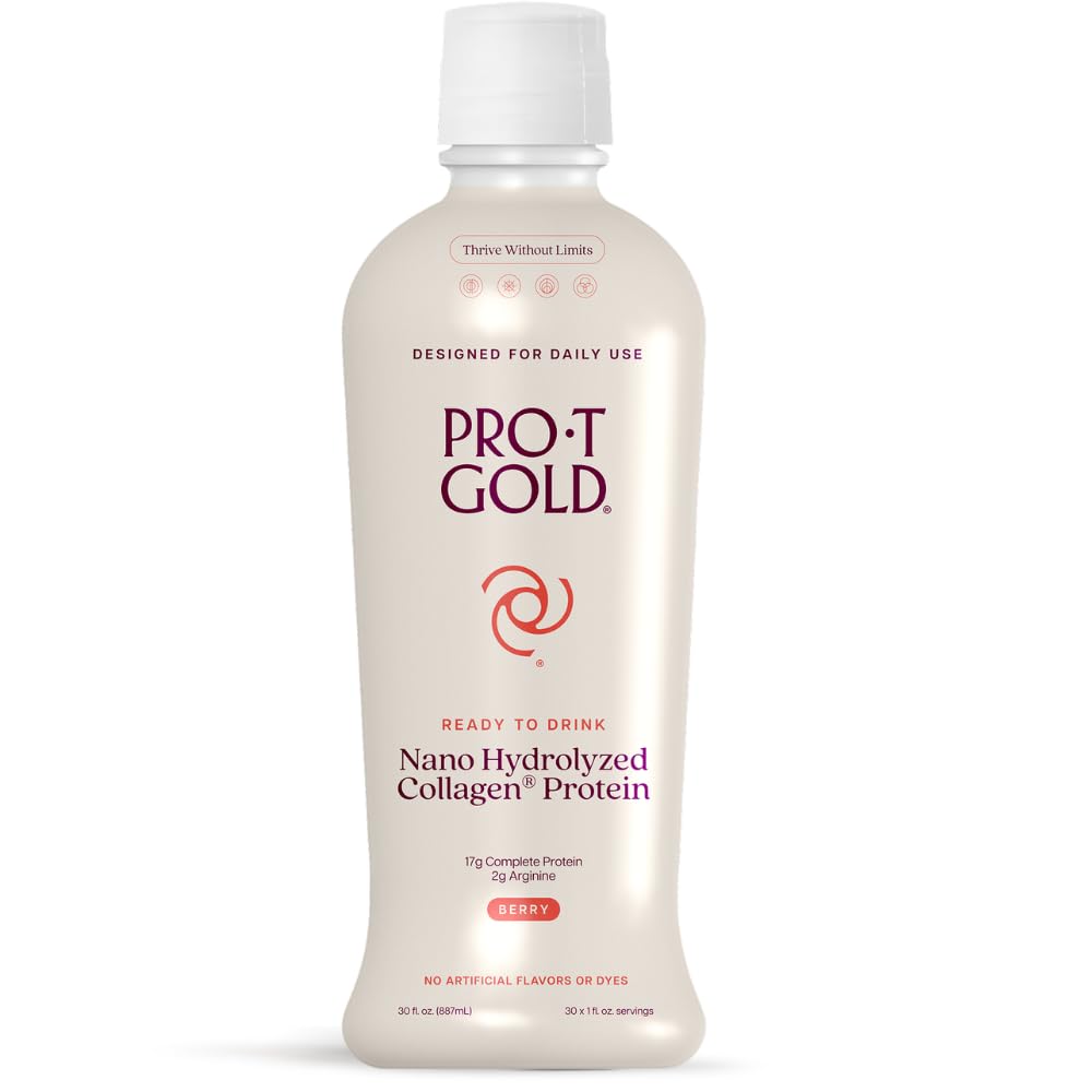 ProT Gold Liquid Collagen Protein Shot, 17g Clear Protein Nano-Hydrolyzed Grass Fed Collagen, 2g Arginine för Wound Support, Gluten Free, Sugar Free, 0g Carbs, Non GMO, Berry, 30 fl oz Bottle