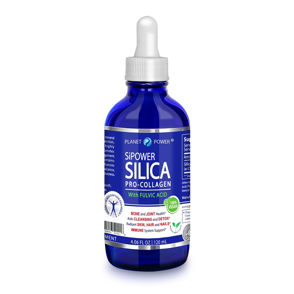 SiPower Silica Vegan Collagen, Supplement Drops-Liquid Mineral Orthosilic Acid (CH-OSA) + Fulvic Acid. Natural Collagen Booster för Joints, Bones, Hair, Skin, Nails, Immune & Digestive Health-4oz