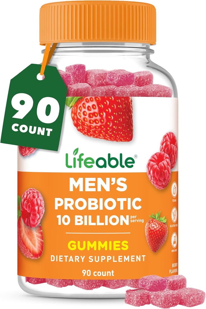 Livliga probiotika för män | 10 miljarder CFU | Great Tasting Mens Probiotic Gummies | Vegan Probiotic för Gut Health och Immune Support | Probiotika Gummies för Män | 90 Gummies