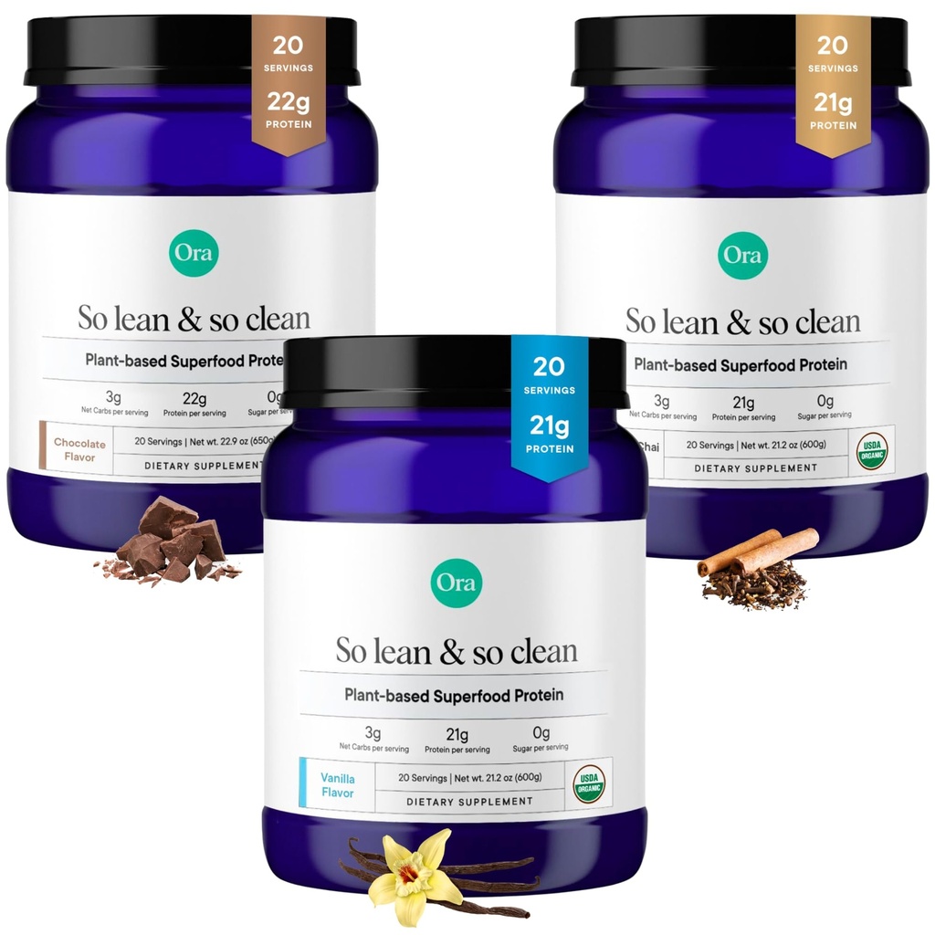Ora Organic Protein Powder Vanilla, Chocolate & Vanilla Chai Bundle: 21g Plant Based, Vanilla, Vanilla Chai, 20 portioner + 22g Plant Based, Chocolate, 20 portioner