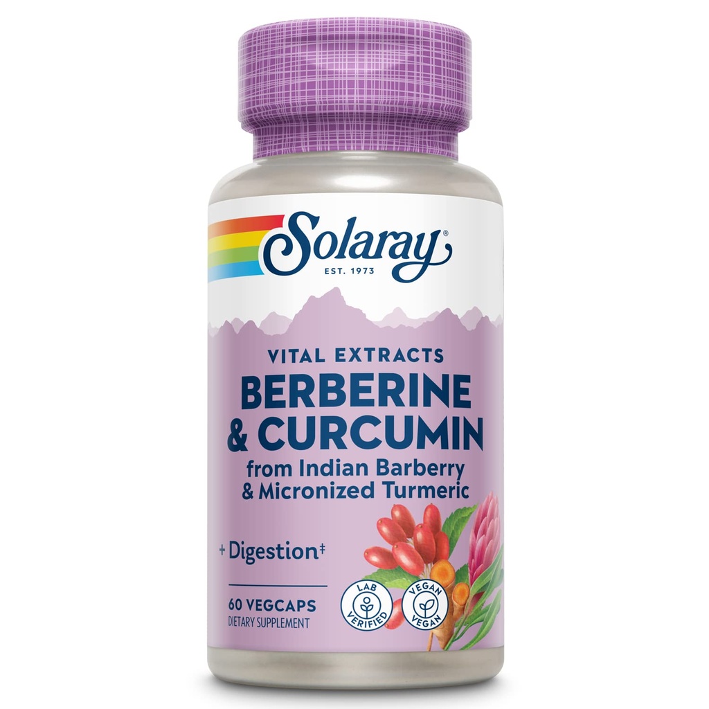 SOLARAY Berberine & Curcumin - Berberine Turmeric Supplement med 20% Micronized Curcumin från Turmeric Root - Herbal Wellness Support - Non-GMO, Vegan, Gluten Free, 60-dagars garanti, 60 portioner