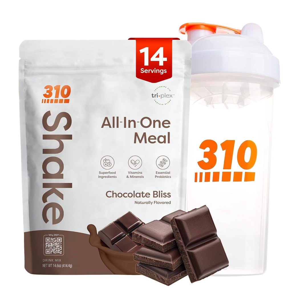 310 Nutrition All-in-One Meal Replacement Shake Powder w / Shaker Cup Starter Kit - High Protein Fiber Rich Vegan Superfood Blend - Sugar-Free, Keto & Paleo Friendly, Low Carb - Chocolate Bliss 14 srv