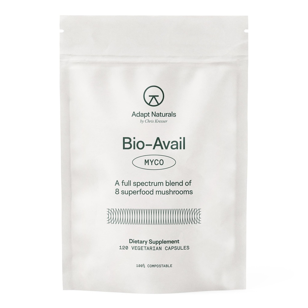 Adapt Naturals Bio-Avail Myco - 8-i-1 Bioavailable Mushroom Supplement Mushroom Complex - Chaga, Cordyceps, Reishi, Lions Mane - Blodtryck, minne, Immune - 120 kapslar