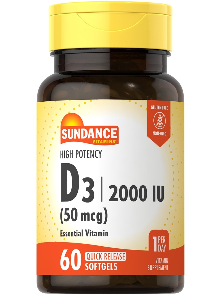Sundance Vitamin D3 2000 IE | 60 Snabbsläpp Softgels | Hög styrka | Icke-GMO och Gluten fri tillägg