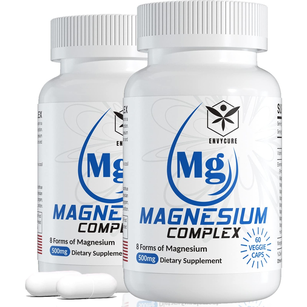Magnesium Komplex Supplement 8 Forms, 500mg Magnesium Glycinate, Malate, Citrate, High Absorption Mg för lugn, sömn, humör och hälsosam muskel, paket av 2, Totalt 120 Vegan kapslar