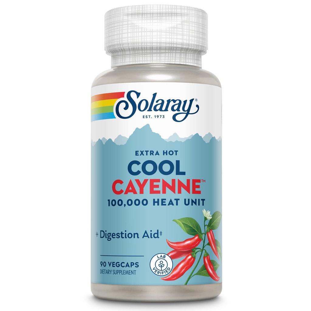 SOLARAY Extra Hot Cool Cayenne 100 000 HU - traditionell folkmedicin och matsmältningshjälp - Bio-Cool Process - Lab Verified, GMP Facility, 60-dagars garanti - 45 portioner, 90 VegCaps