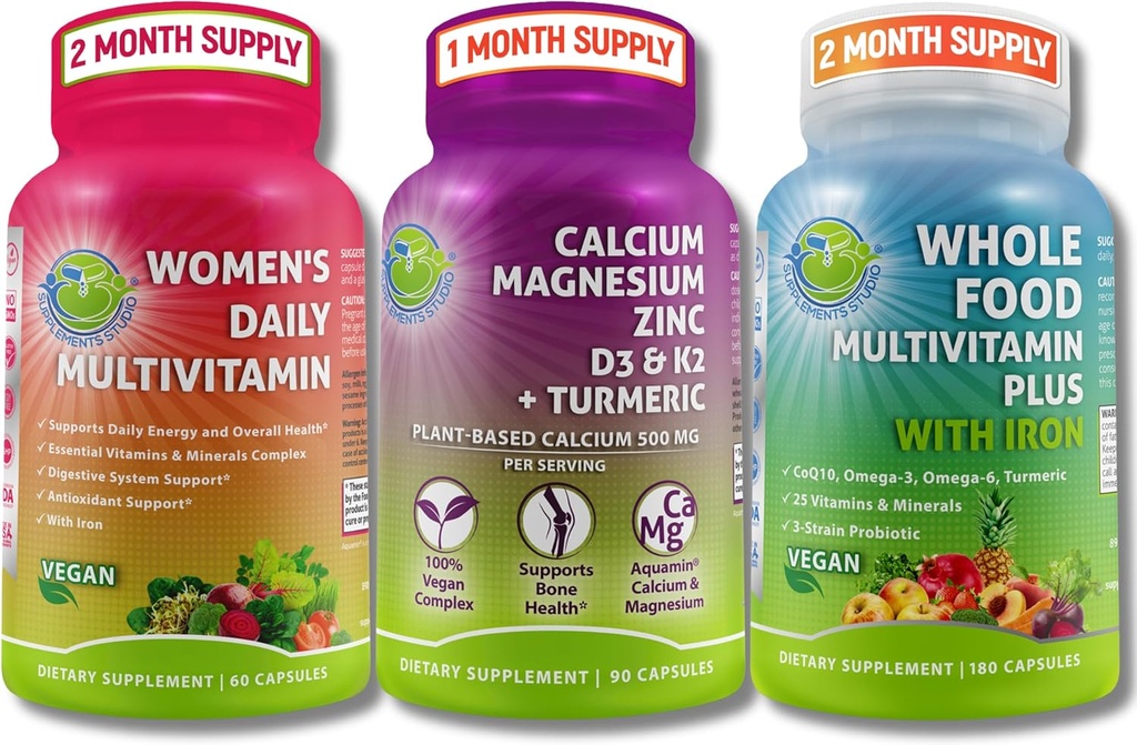 Vegan Multivitaminer & Calcium Trio-Whole Food Multivitamin med järn + Kvinnors dagliga multivitamin med järn + växtbaserad kalcium, magnesium, Zink, D3, K2 & gurkmeja - Energi, ben & immunstöd