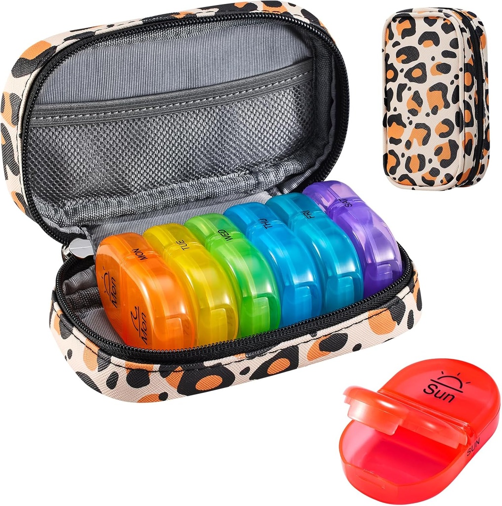 Serfeymi Weekly Travel Pill Organizer 2 Times A Day AM PM Uppgraderad Rainbow Pill Box 7 Dag med Portable Zipper PU Leather Pill Case, Medicine Organizer för piller, vitaminer, fiskoljor - Brown 02